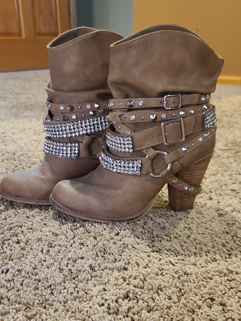 Not Rated Taupe Rhinestone-Embellished Western Ankle Boots